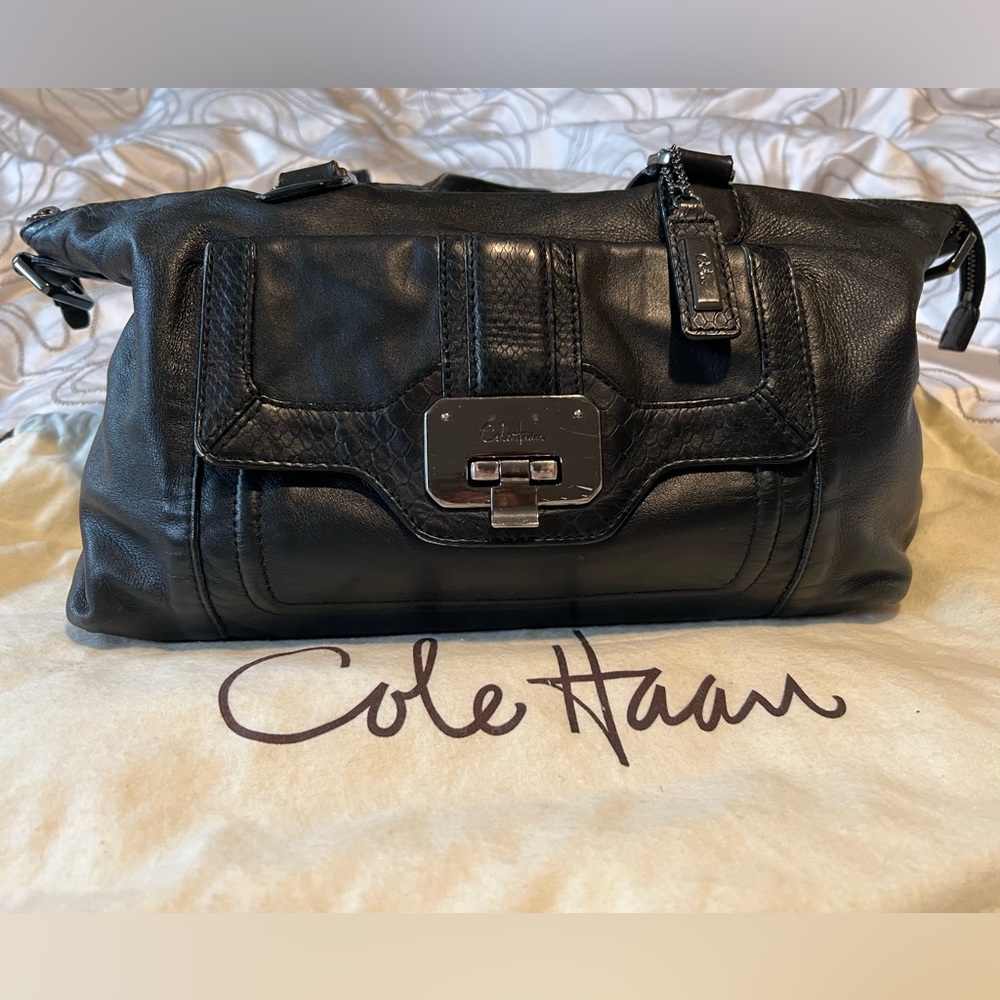 Cole Haan Black Leather Duffle Purse with Croc Embossed Details
